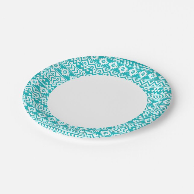 Teal Grunge Aztec Tribal Pattern Paper Plates (Angled)