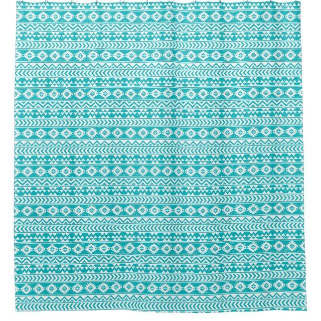 Teal Grunge Aztec Tribal Pattern Shower Curtain (Front)