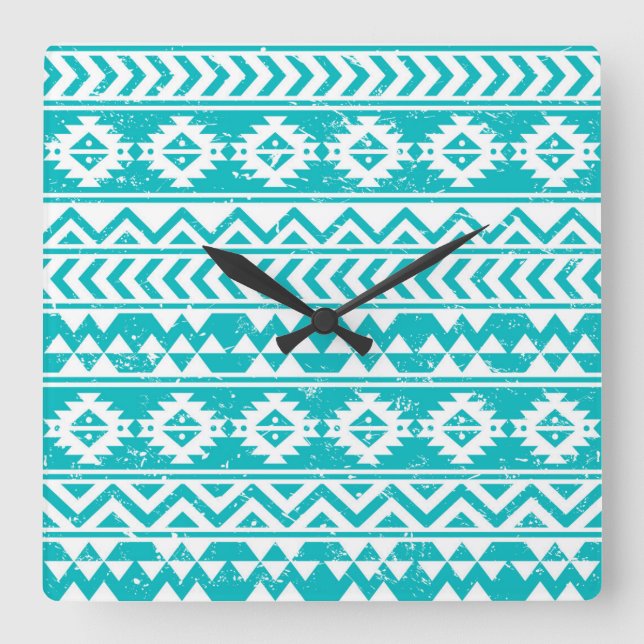 Teal Grunge Aztec Tribal Pattern Square Wall Clock (Front)