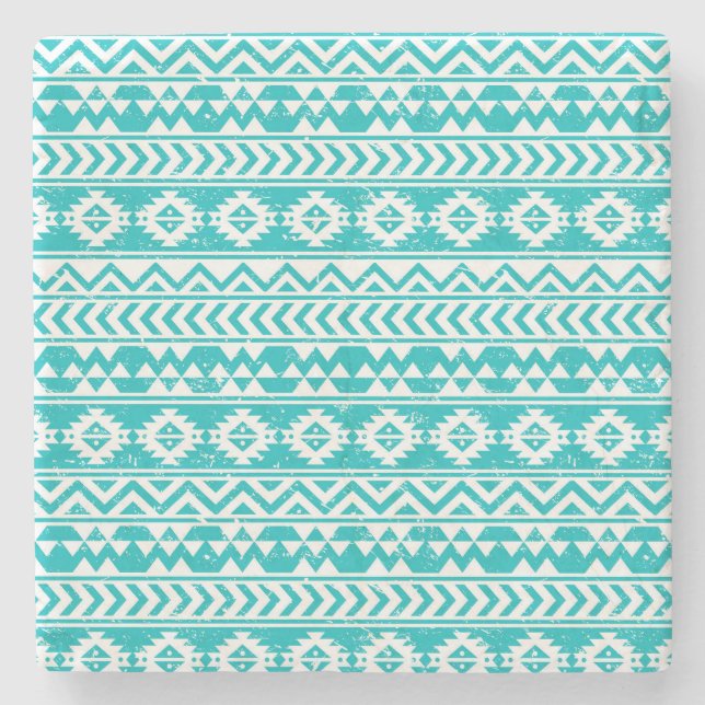 Teal Grunge Aztec Tribal Pattern Stone Coaster (Front)