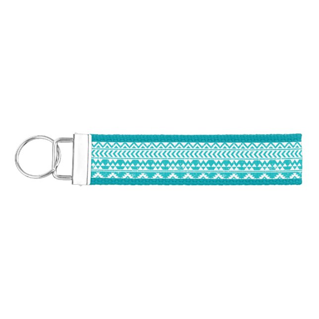 Teal Grunge Aztec Tribal Pattern Wrist Keychain (Keys on Left)