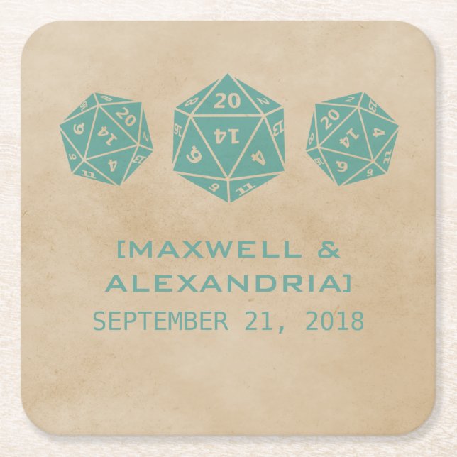 Teal Grunge D20 Dice Gamer Paper Coasters (Front)