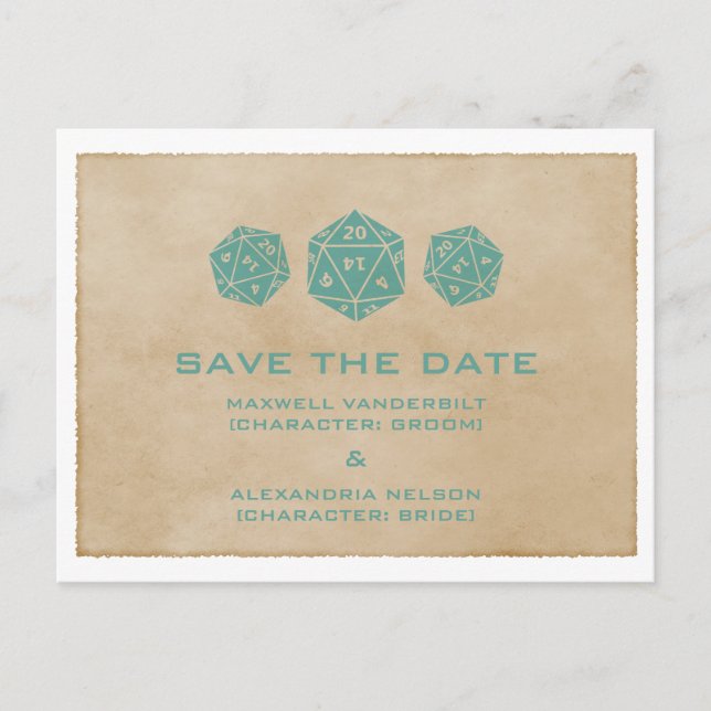Teal Grunge D20 Dice Gamer Save the Date Postcard (Front)