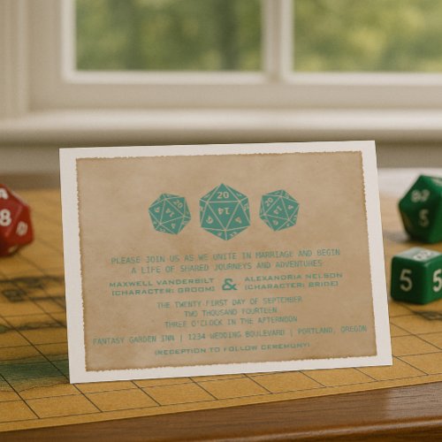 Teal Grunge D20 Dice Gamer Wedding Invitation