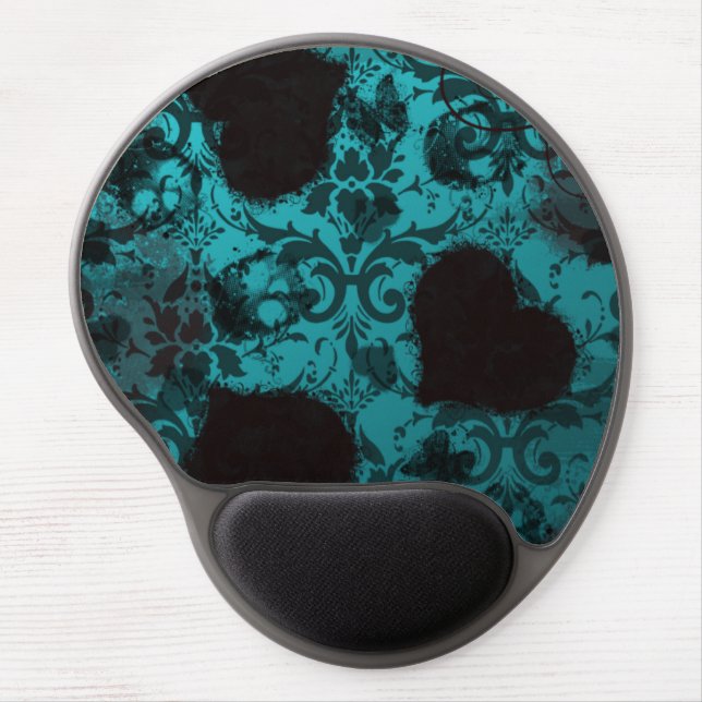 Teal Grunge Damask Valentine Gel Mouse Pad (Front)