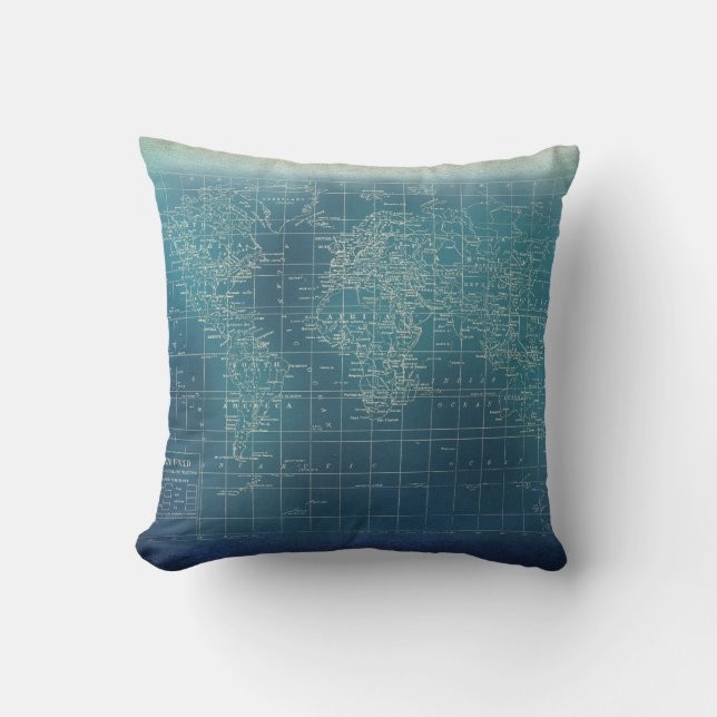 Teal Grunge World Map Pillow (Front)