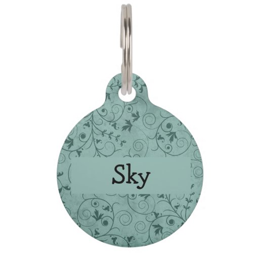 Teal Grungy Floral Pet ID Tag