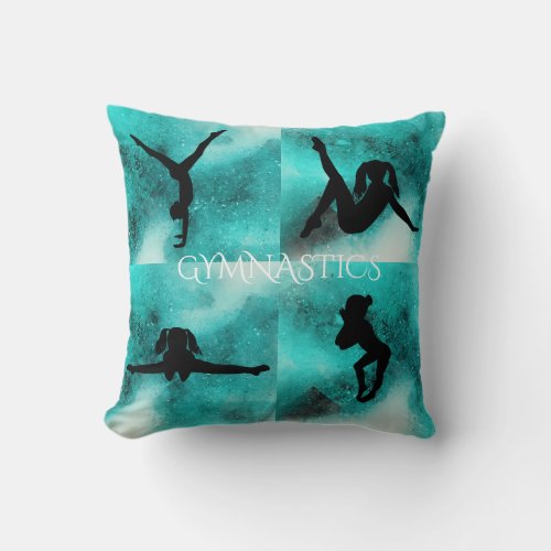 Teal gymnastics throw pillow with four gymnast