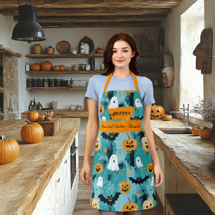 Teal Halloween with Ghosts, Pumpkins, and Bats Apron