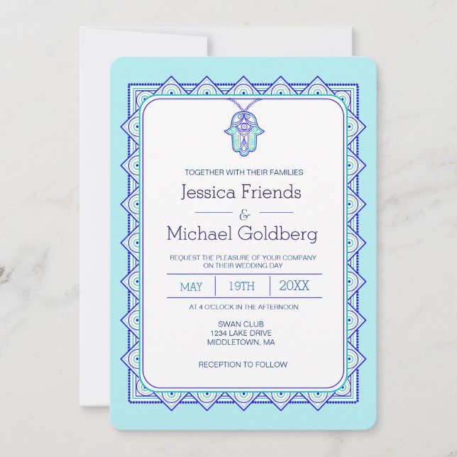 Teal hamsa geometric wedding invitation (Front)