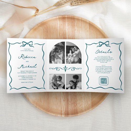 Teal Hand Drawn Bow QR Code Photo Wedding