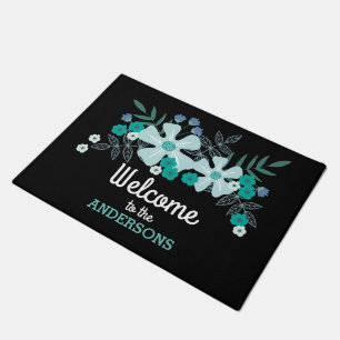 Teal Hand Drawn Flowers, Personalized Doormat