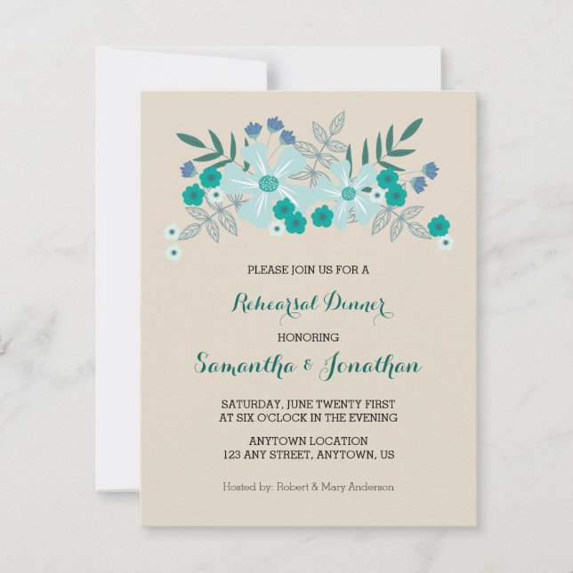 Teal Hand Drawn Flowers, Rehearsal Dinner Invite (Front)
