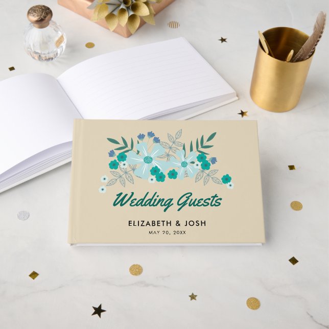 Teal Hand Drawn Flowers, Wedding Guest Book (Front Open)