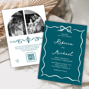 Teal Hand Drawn White Bow QR Code Photo Wedding Invitation