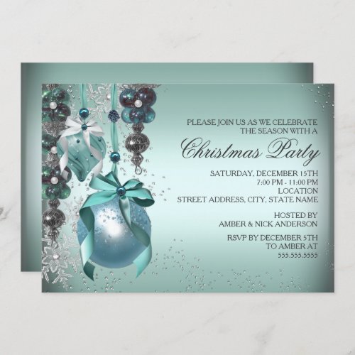 Teal Hanging Ornaments Christmas Party Invite
