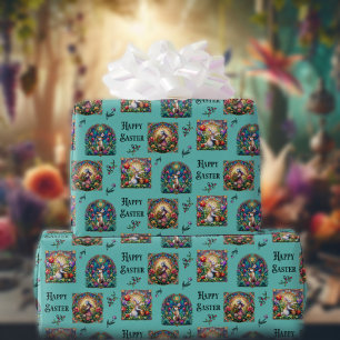 Teal Happy Easter Bunny Elegant Stained Glass Wrapping Paper