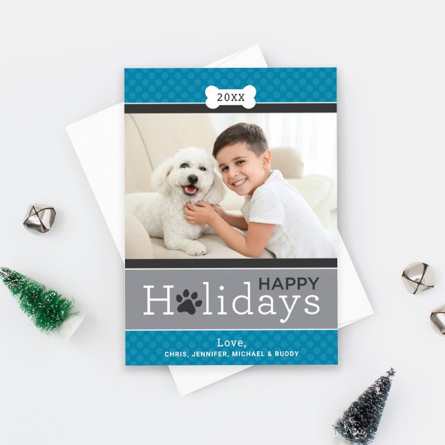 Teal Happy Holidays Photo Dog Paw Print Holiday Card (Creator Uploaded)