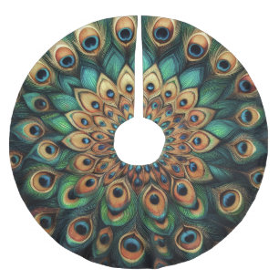 Teal Hard Pastels Drawing Peacock Feathers Brushed Polyester Tree Skirt