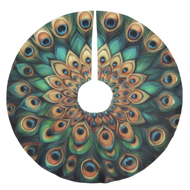 Teal Hard Pastels Drawing Peacock Feathers Brushed Polyester Tree Skirt (Front)