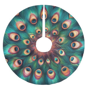 Teal Hard Pastels Drawing Peacock Feathers Brushed Polyester Tree Skirt