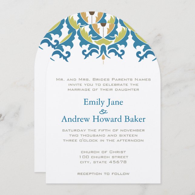 Teal Hazelnut Greenery Damask Wedding Invitation (Front/Back)