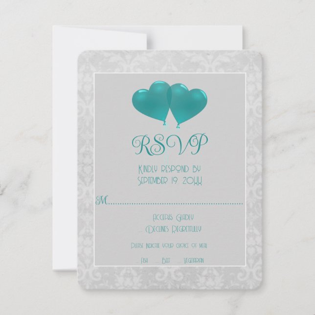 Teal Heart Balloons Wedding RSVP Card (Front)