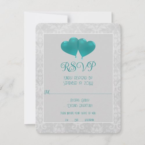 Teal Heart Balloons Wedding RSVP Card