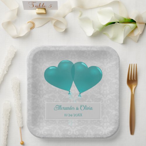 Teal Heart Balloons Wedding Shower Paper Plates