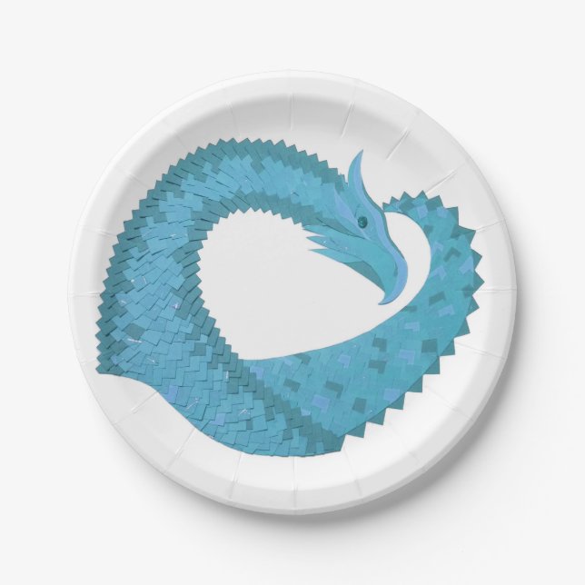 Teal heart dragon on white paper plates (Front)