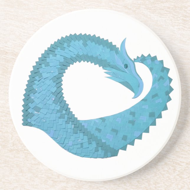 Teal heart dragon on white sandstone coaster (Front)