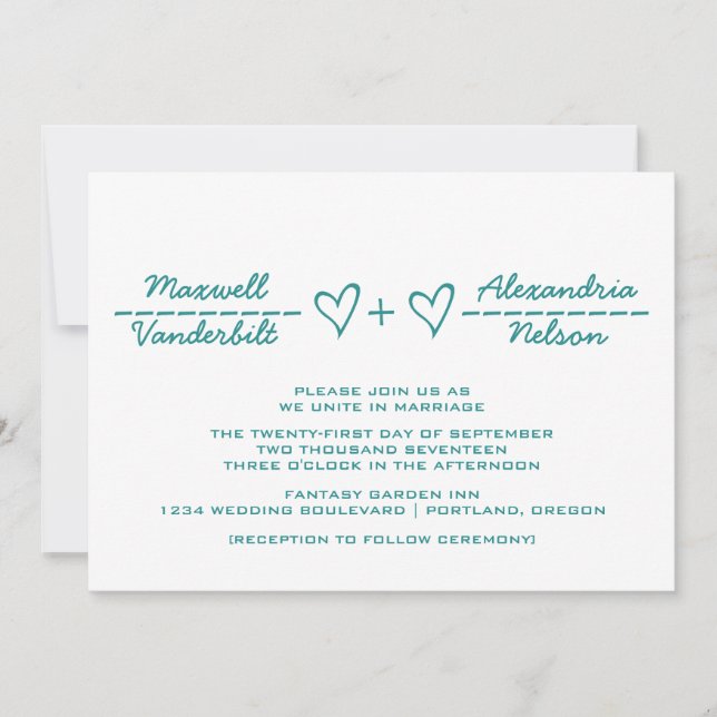 Teal Heart Equation Wedding Invite (Front)