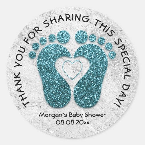 Teal Heart Feet Baby Shower Favor Thank MarbleGray Classic Round Sticker