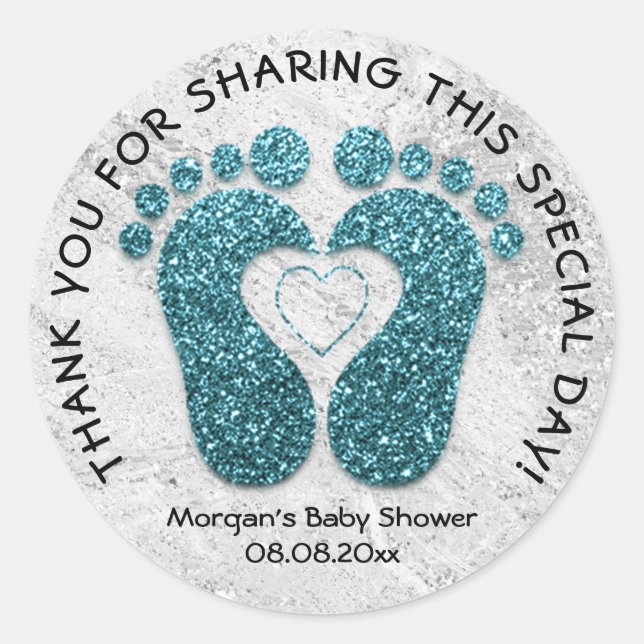 Teal Heart Feet Baby Shower Favor Thank MarbleGray Classic Round Sticker (Front)