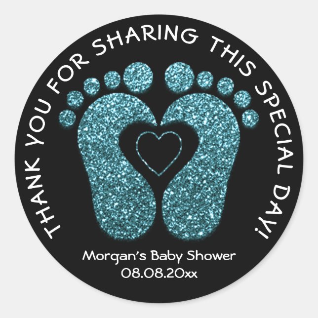 Teal Heart Feet Baby Shower Favor Thank Teal Black Classic Round Sticker (Front)