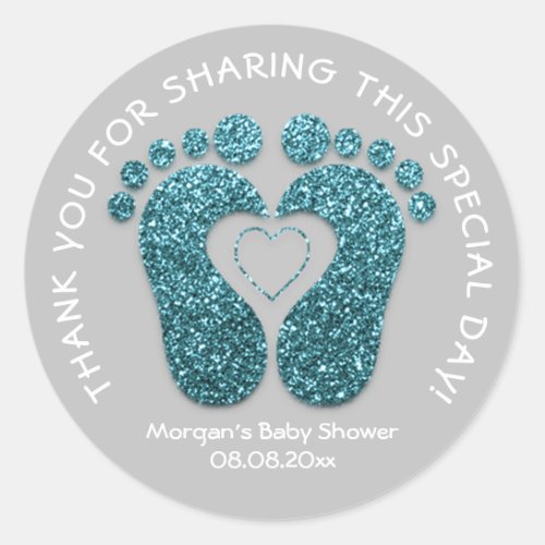 Teal Heart Feet Baby Shower Favor Thank Teal Gray Classic Round Sticker