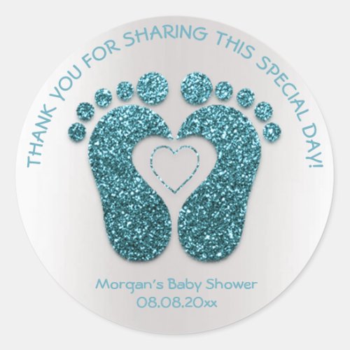 Teal Heart Feet Baby Shower Favor Thank You Gray Classic Round Sticker