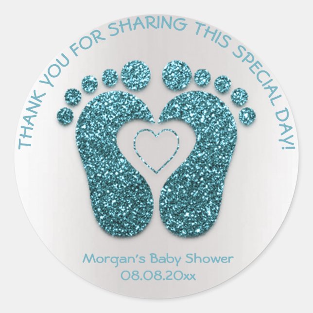 Teal Heart Feet Baby Shower Favor Thank You Gray Classic Round Sticker (Front)