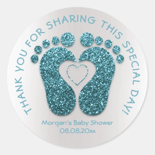 Teal Heart Feet Baby Shower Favor Thank You Gray Classic Round Sticker