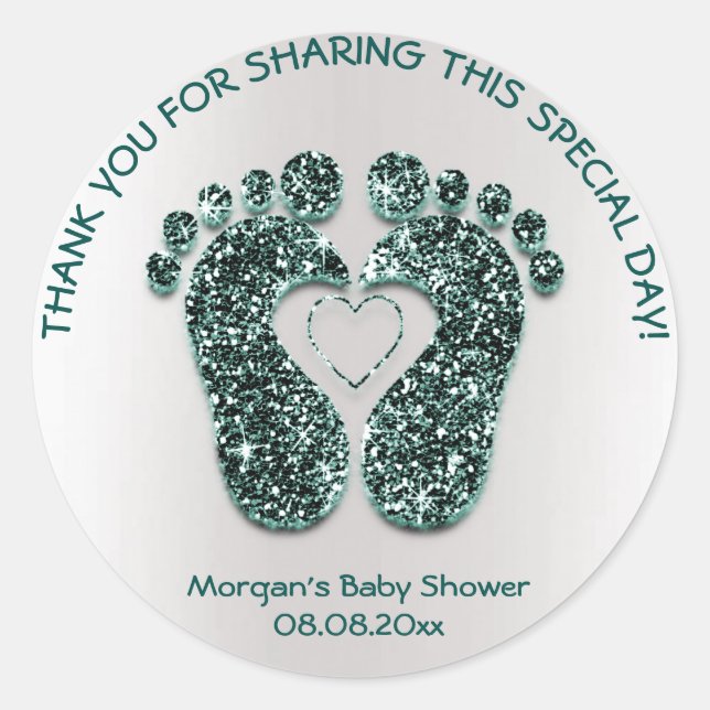 Teal Heart Feet Baby Shower Glitter Thank Sparkly Classic Round Sticker (Front)