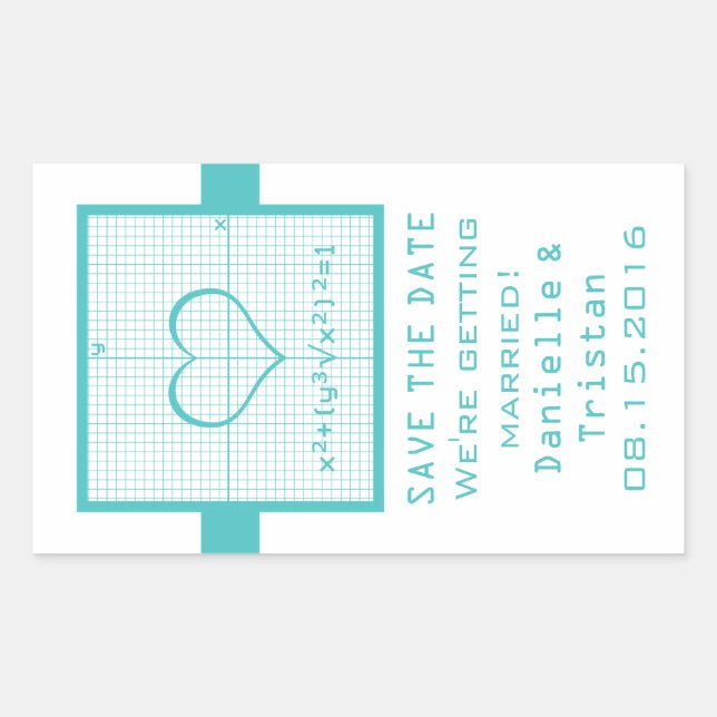 Teal Heart Math Graph Save the Date Stickers (Front)