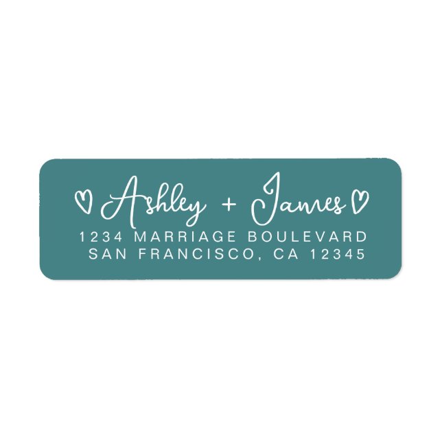 Teal Heart Script Couple Return Address Label (Front)