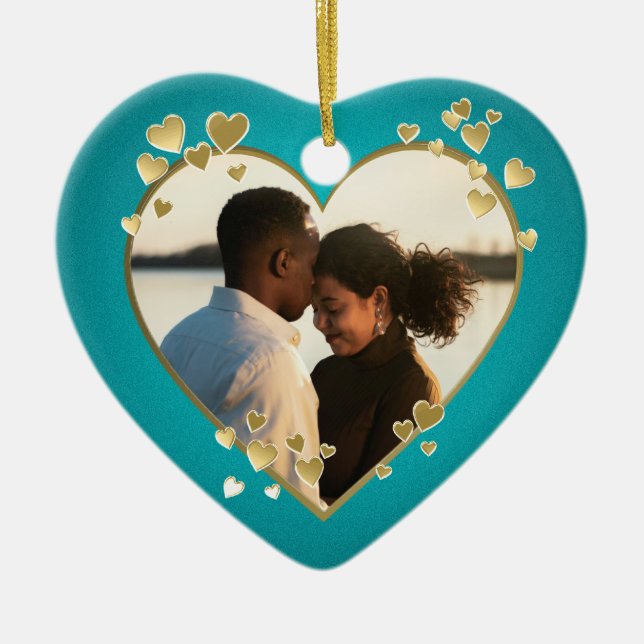 Teal Hearts and Ribbon Photo Ceramic Ornament (Front)