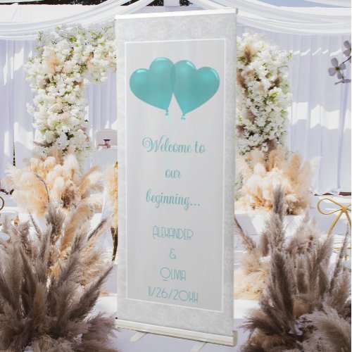 Teal Hearts Balloons Wedding Retractable Banner