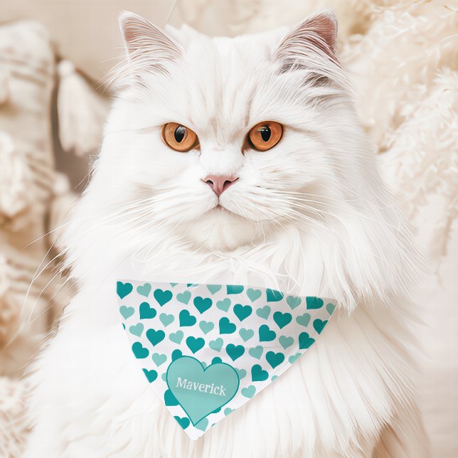 Teal Hearts Cute Custom Name Pet Bandana Collar (Creator Uploaded)