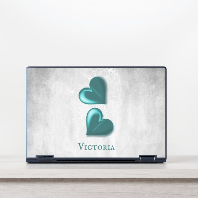 Teal Hearts Personalized HP Laptop Skin (Front)