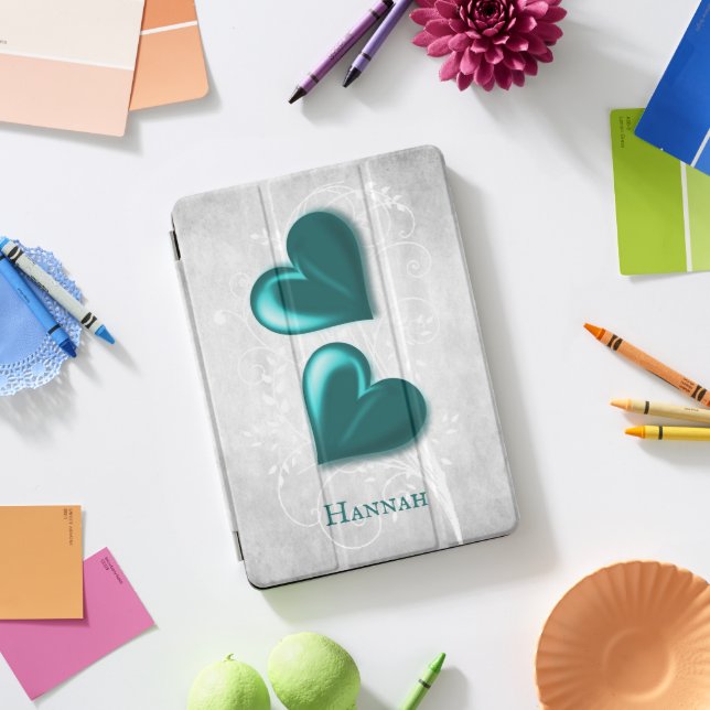Teal Hearts Personalized iPad Pro Cover (Desk)