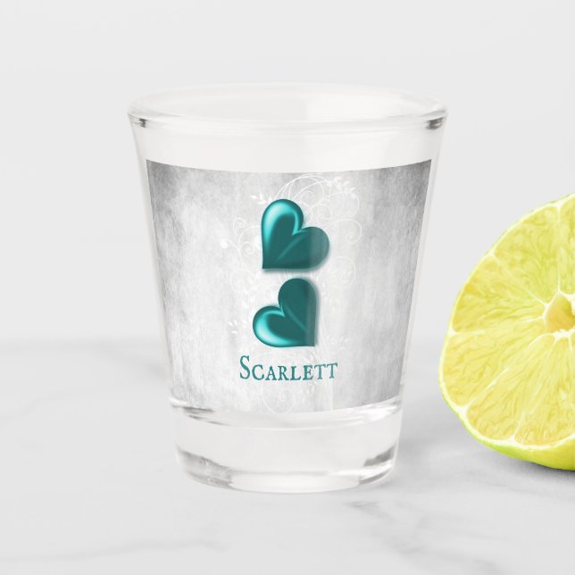 Teal Hearts Personalized Shot Glass (Front)