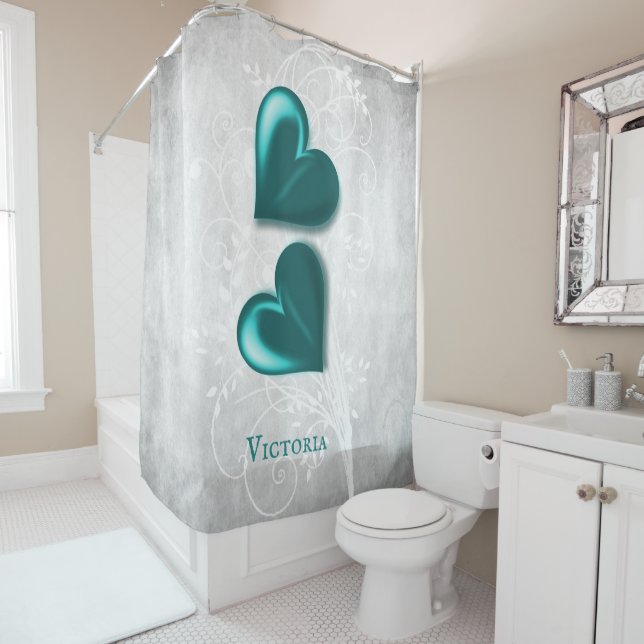 Teal Hearts Personalized Shower Curtain (In Situ)