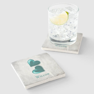 Teal Hearts Personalized Stone Coaster